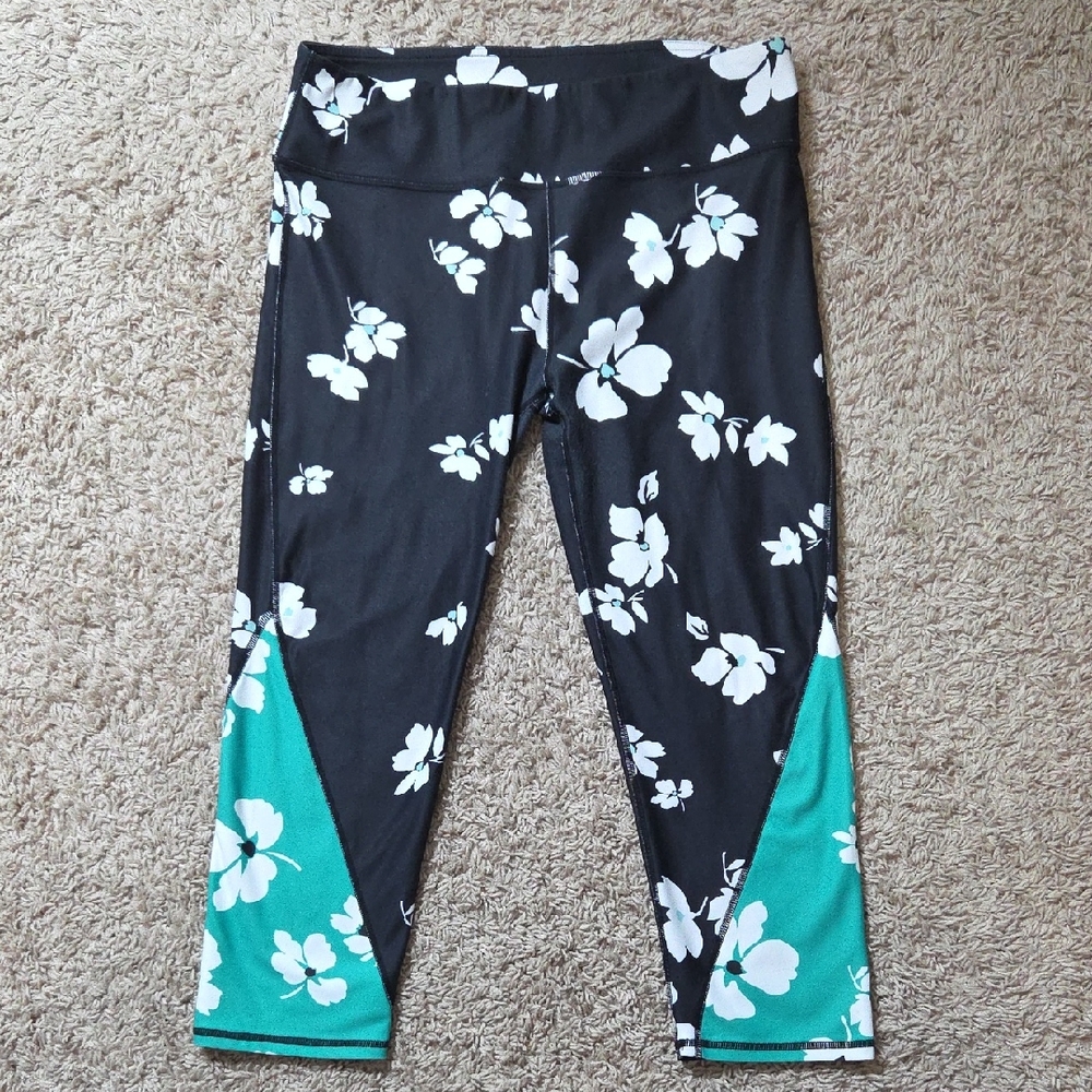 Fabletics Black and White Floral Leggings with Teal Accents, Size Medium